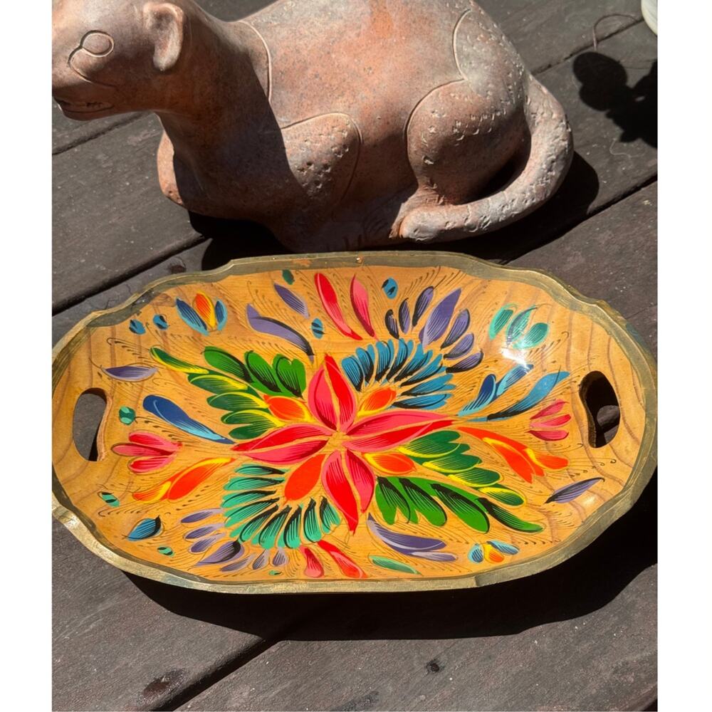 VTG Mexican Hand Painted Folk Art Wooden Serving Tray